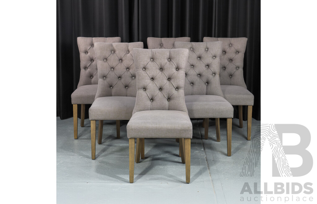 Set of Six High Back Dining Chairs with Buttoned Fabric Upholstery