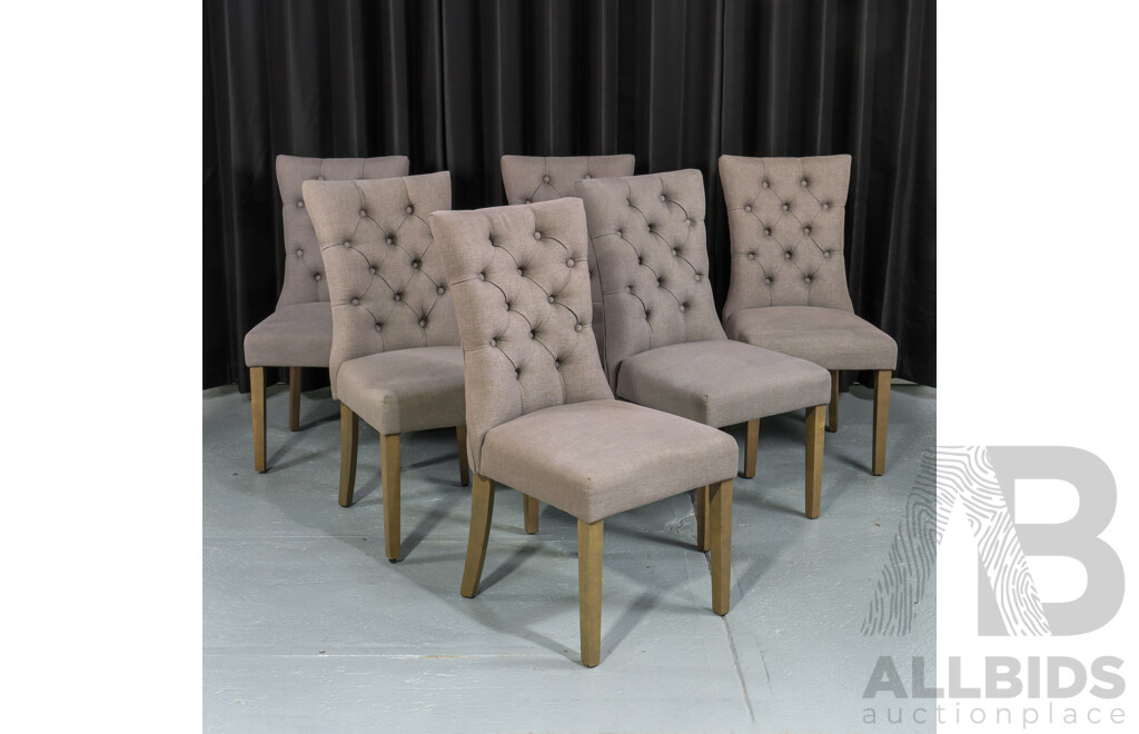 Set of Six High Back Dining Chairs with Buttoned Fabric Upholstery