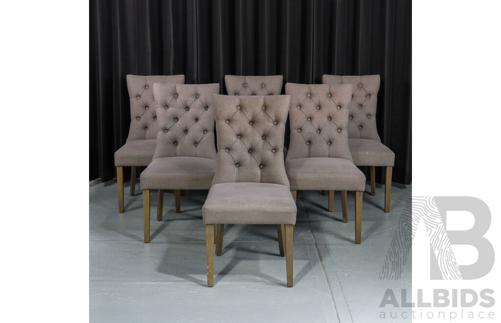 Set of Six High Back Dining Chairs with Buttoned Fabric Upholstery