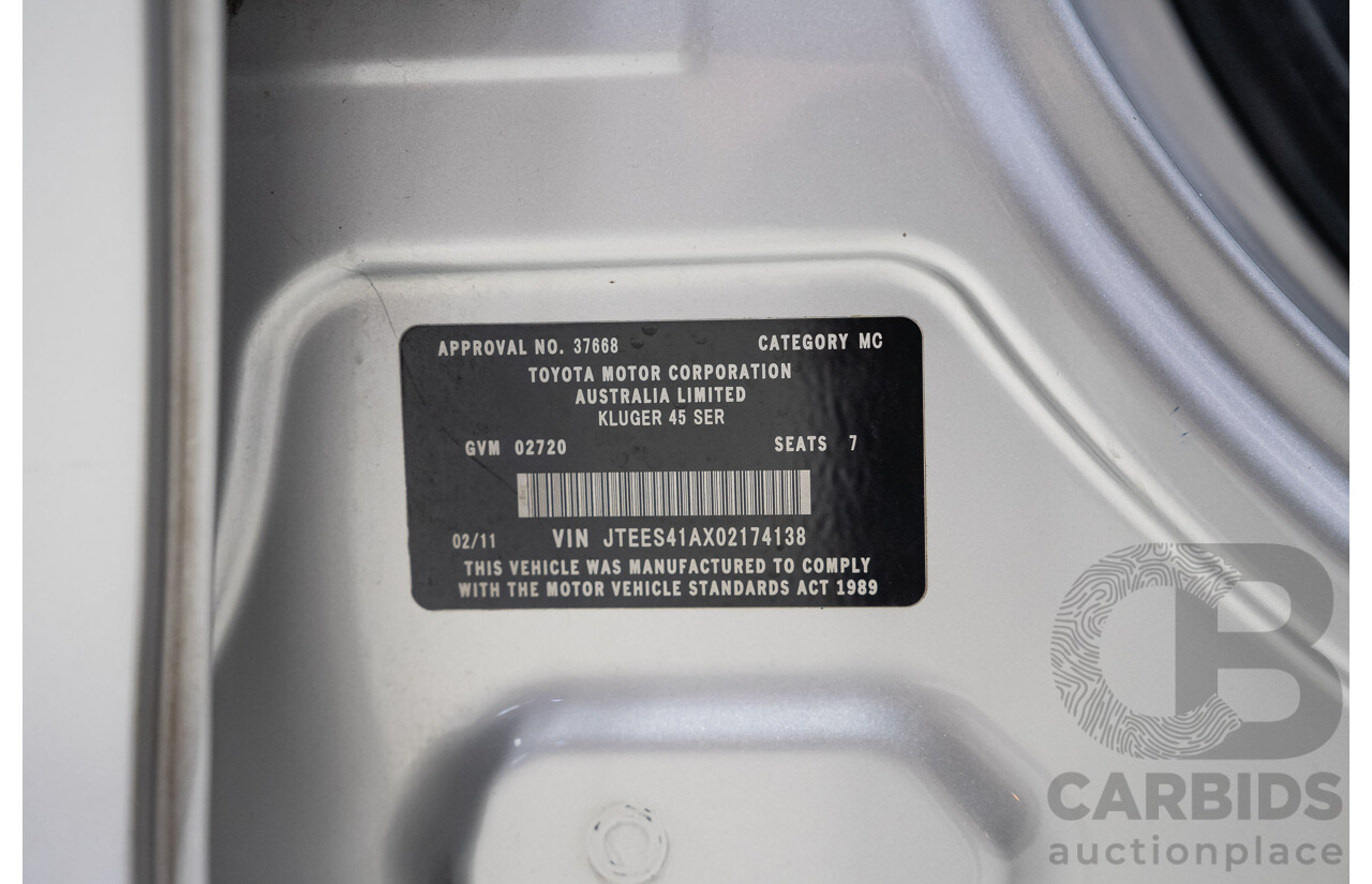 02/2011 Toyota Kluger KX-S (4x4) GSU45R MY11 UPGRADE 4d Wagon Silver 3.5L