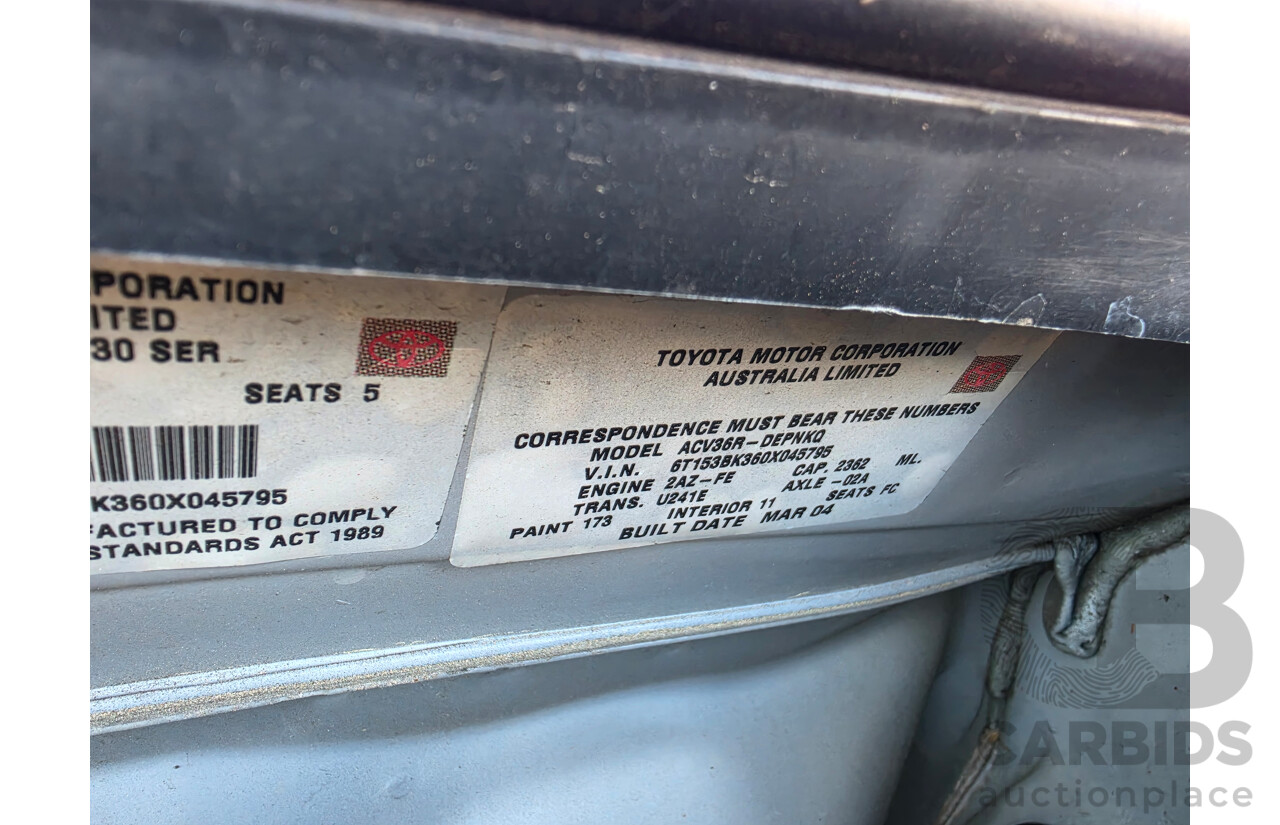 03/2004 Toyota Camry Ateva ACV36R 4d Sedan Silver 2.4L