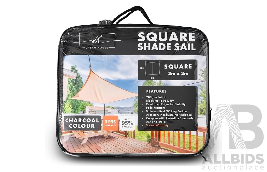Charcoal Shade Sail 3m x 3m - Valued at $55