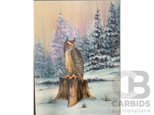 Artist Unknown ''Great Horned Owl Perched in a Snowy Landscape Painting'' ( 62x78cm)