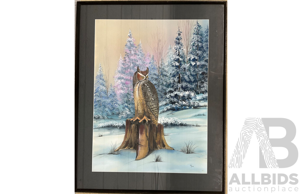 Artist Unknown ''Great Horned Owl Perched in a Snowy Landscape Painting'' ( 62x78cm)