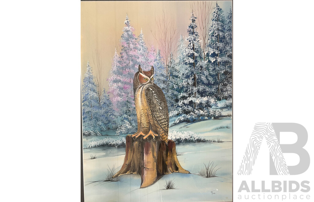 Artist Unknown ''Great Horned Owl Perched in a Snowy Landscape Painting'' ( 62x78cm)