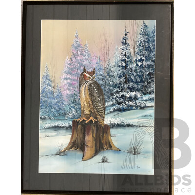 Artist Unknown ''Great Horned Owl Perched in a Snowy Landscape Painting'' ( 62x78cm)