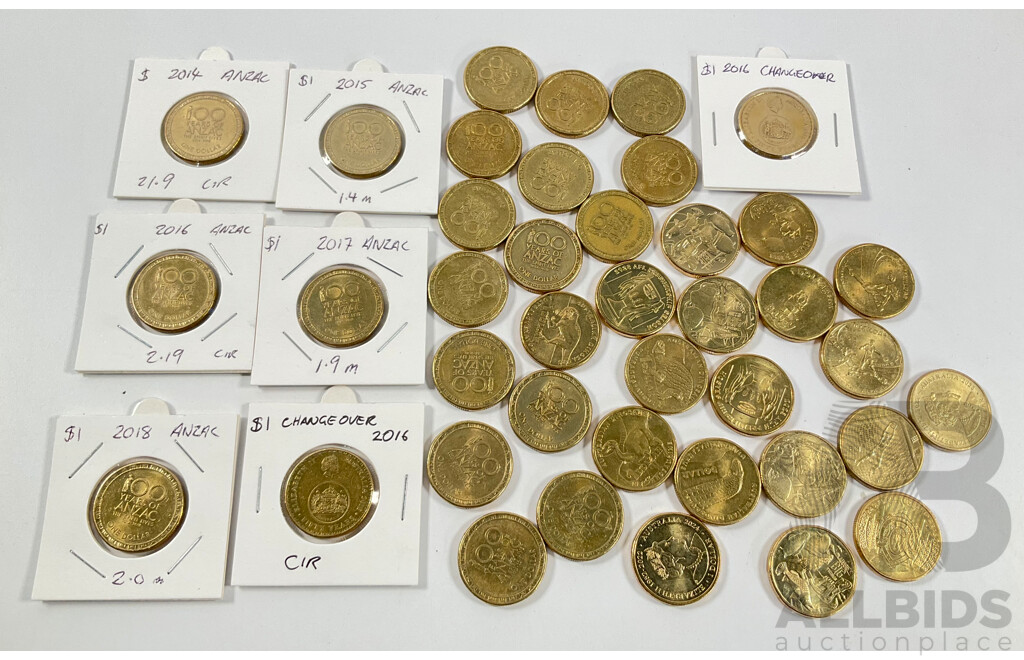 Collection of Australian Commemorative One Dollar Coins Including 2016 Fifty Years Decimal Currency, 2014, 2015, 2016, 2017 ANZAC, 2023 Matildas, 2024 Bluey and More