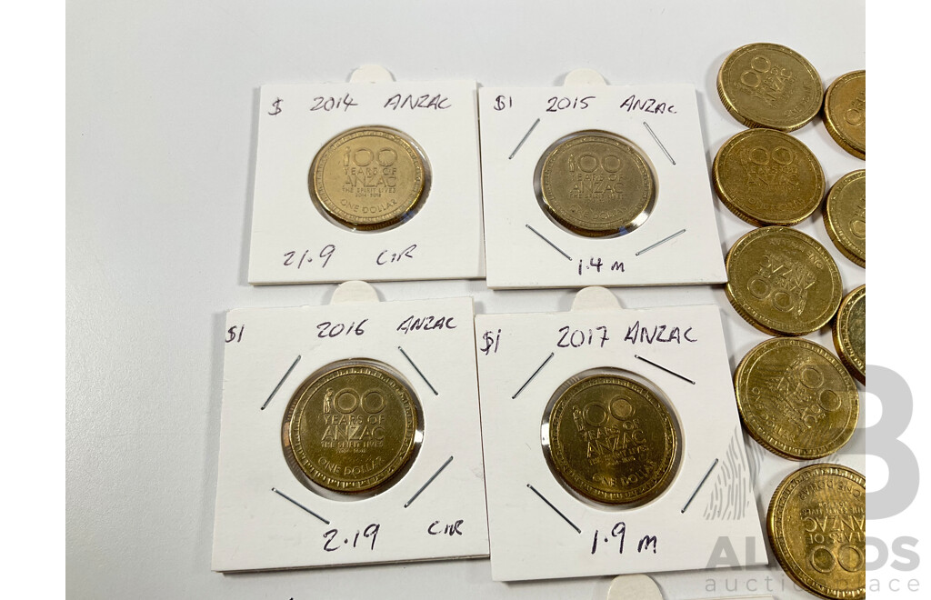 Collection of Australian Commemorative One Dollar Coins Including 2016 Fifty Years Decimal Currency, 2014, 2015, 2016, 2017 ANZAC, 2023 Matildas, 2024 Bluey and More