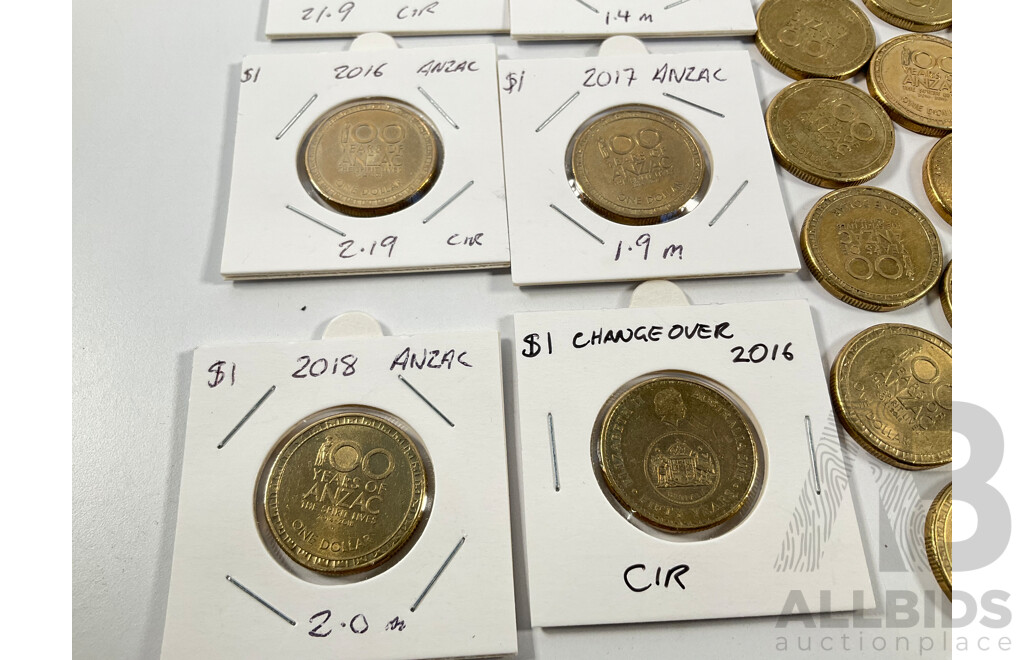 Collection of Australian Commemorative One Dollar Coins Including 2016 Fifty Years Decimal Currency, 2014, 2015, 2016, 2017 ANZAC, 2023 Matildas, 2024 Bluey and More