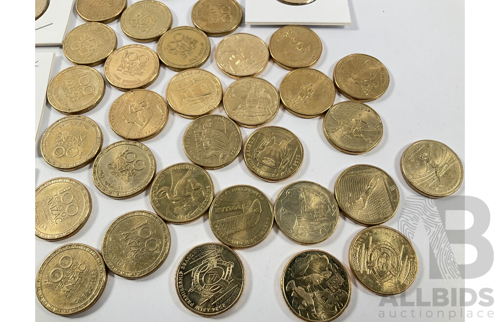 Collection of Australian Commemorative One Dollar Coins Including 2016 Fifty Years Decimal Currency, 2014, 2015, 2016, 2017 ANZAC, 2023 Matildas, 2024 Bluey and More