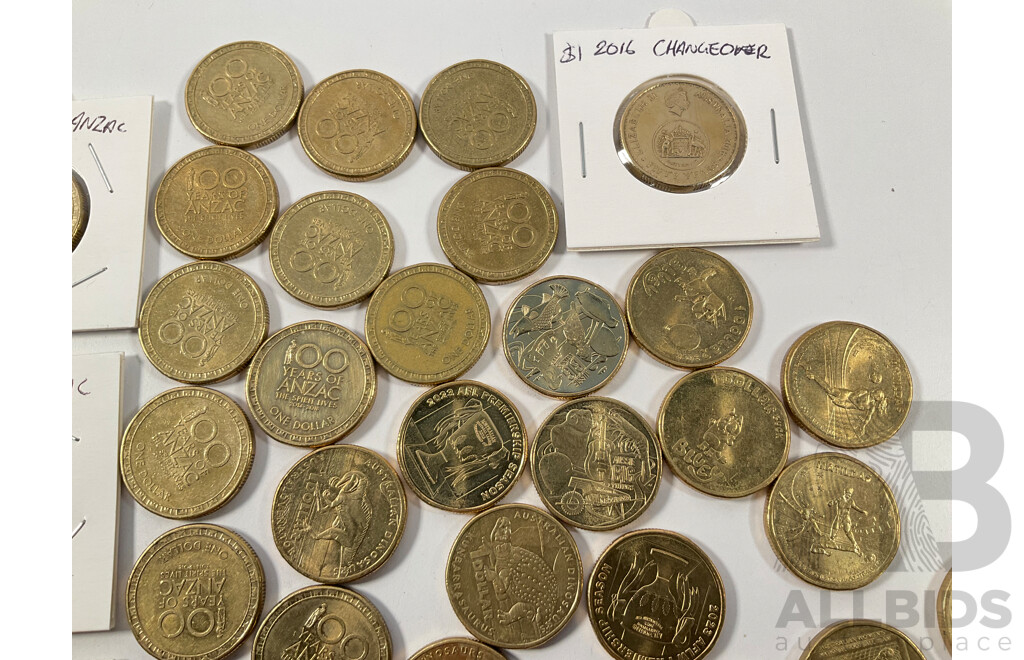 Collection of Australian Commemorative One Dollar Coins Including 2016 Fifty Years Decimal Currency, 2014, 2015, 2016, 2017 ANZAC, 2023 Matildas, 2024 Bluey and More