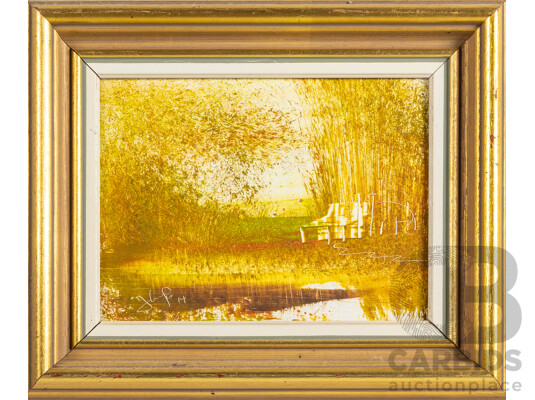 Signed Indistinctly (20th Century), Lone Road, Country Home & Crane at Water's Edge, Trio of Vintage Oil on Masonite Boards, 24H X 29W Cm (largest) (3)
