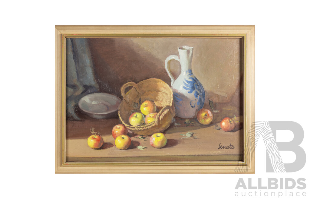 Ruggiero Serrato (20th Century, Italian, 1898-??), Still Life - Apples with Vase and Cane Basket (c.1960s), Original Oil on Canvas, 58H x 78W cm (frame)