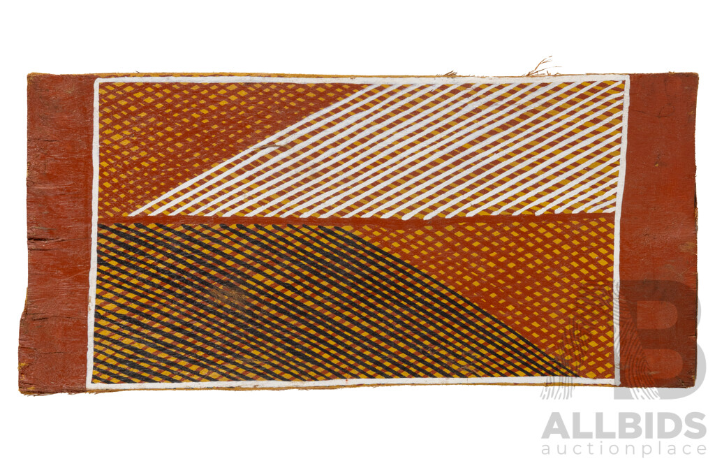 Joey Nganjmirra (20th Century, Indigenous-Australian, 1968-), Untitled - Jilamara (2022), Original Ochre on Eucalyptus Bark Panel, 12H x 27W cm