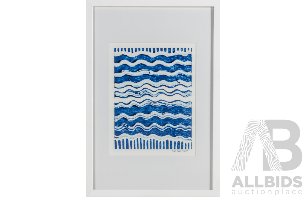 Ann Carmel Mulvien (20th Century, Indigenous-Australian, 1967-), Waves, Original Linocut Print on Paper, 49H x 34W cm (frame)