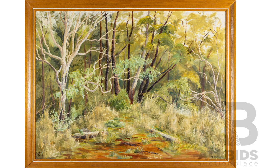 Voldemars Balodis (20th Century, Baltic-Born Australian, 1925-2024), Untitled Landscape - Eucalyptus Clearing, Original Vintage Oil on Masonite, 86H x 106W cm (frame)