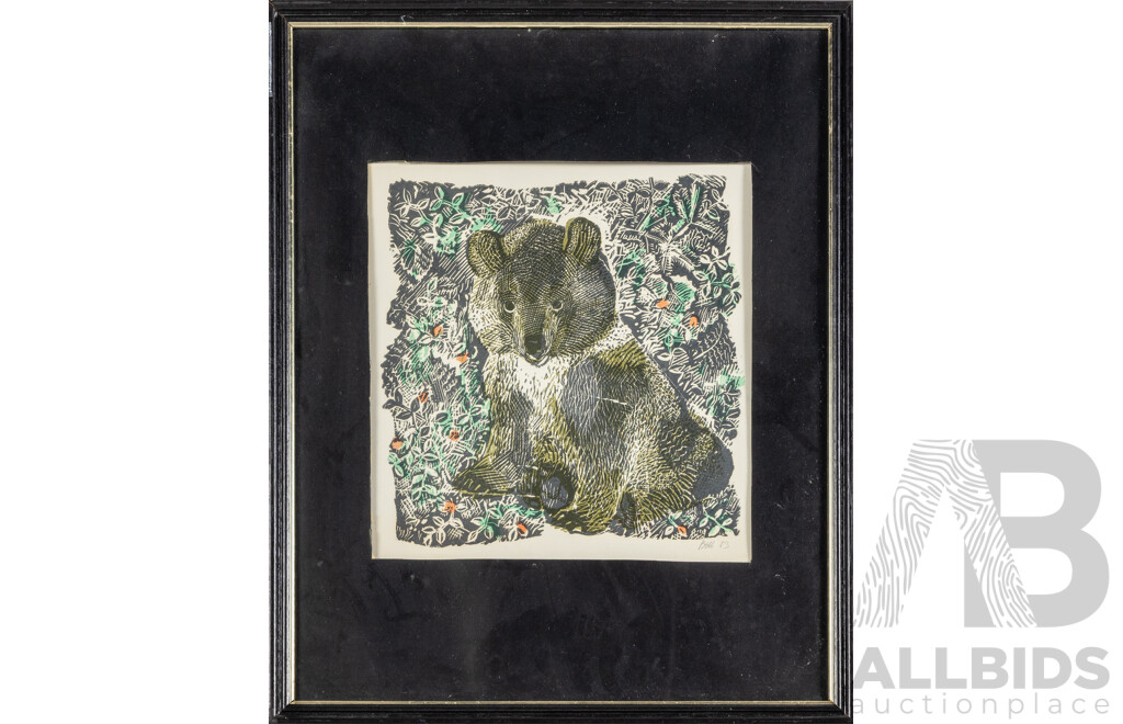 Signed Indistinctly (20th Century), Bear (1983), Hand Coloured Linocut, 54H x 44W cm (frame)