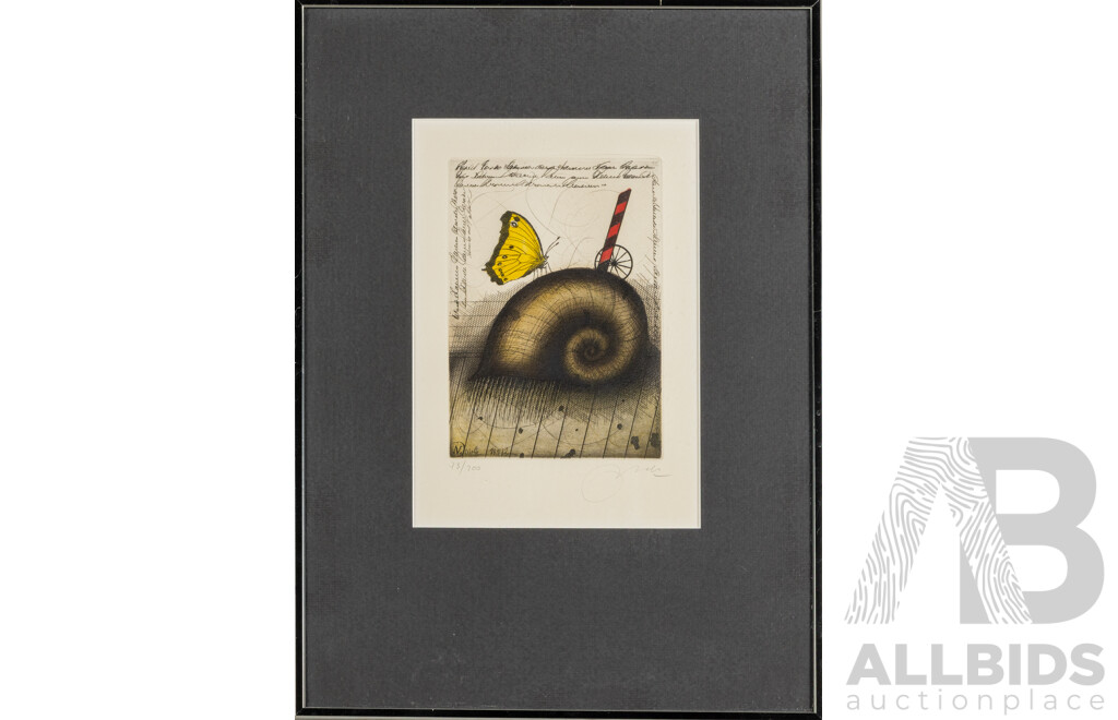 Udo Nolte (20th Century, German, 1950-), Still Life - Butterfly & Snail, Signed & Editioned Hand Coloured Etching, 50H x 36W cm (frame)