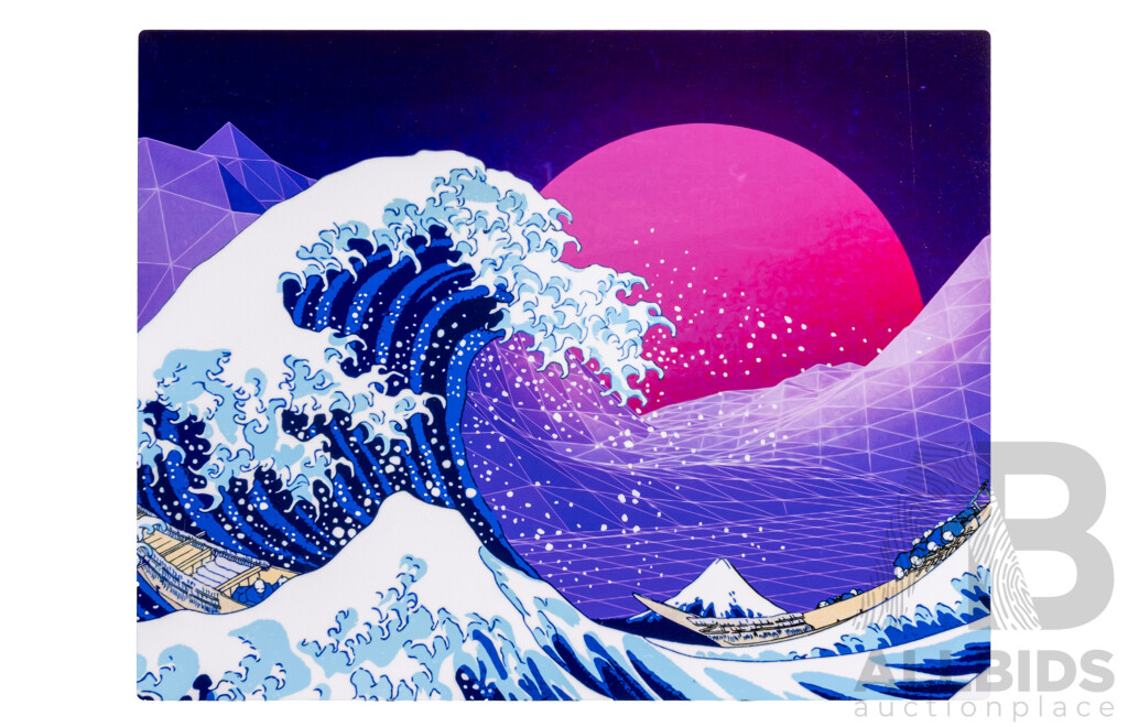 Synthwave1950 (20th Century, Turkish), Synthwave Space: the Great Wave Off Kanagawa, Stainless Steel Metal Poster, 28H x 35W cm