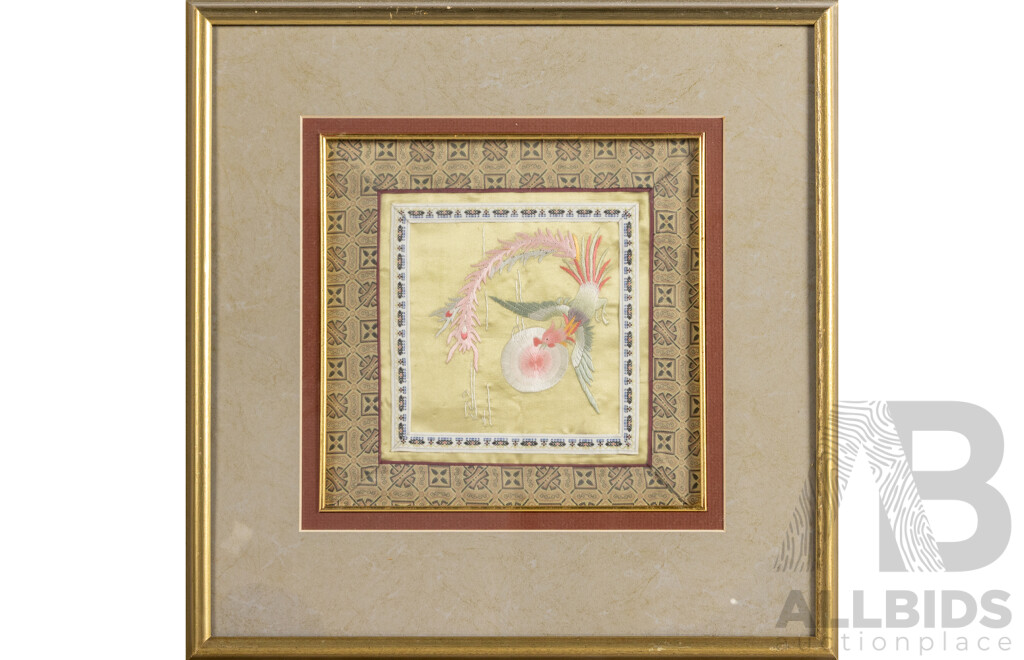 Artist Unknown (20th Century, Chinese), Fenghuang Descending: The Auspicious Phoenix, Wonderful Vintage Silk Embroidery Panel, 43H x 42W cm (frame)