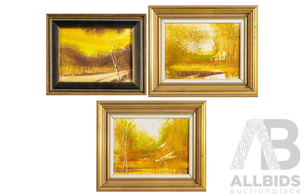Signed Indistinctly (20th Century), Lone Road, Country Home & Crane at Water's Edge, Trio of Vintage Oil on Masonite Boards, 24H X 29W Cm (largest) (3)