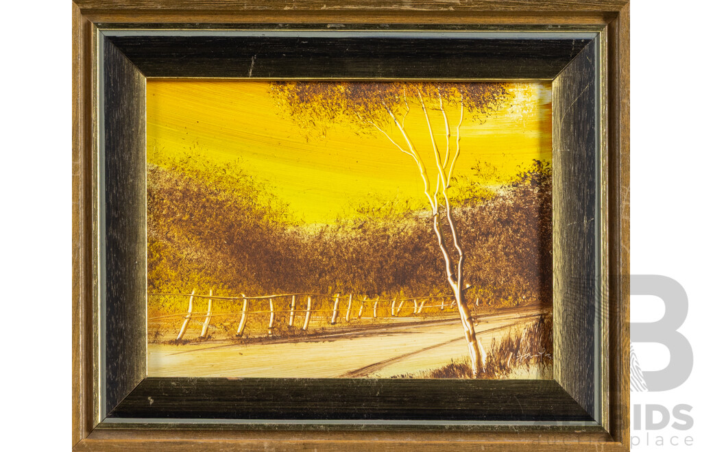 Signed Indistinctly (20th Century), Lone Road, Country Home & Crane at Water's Edge, Trio of Vintage Oil on Masonite Boards, 24H X 29W Cm (largest) (3)