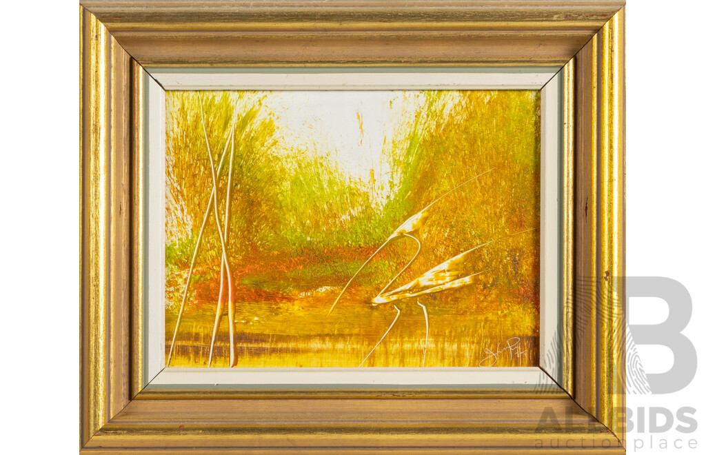 Signed Indistinctly (20th Century), Lone Road, Country Home & Crane at Water's Edge, Trio of Vintage Oil on Masonite Boards, 24H X 29W Cm (largest) (3)