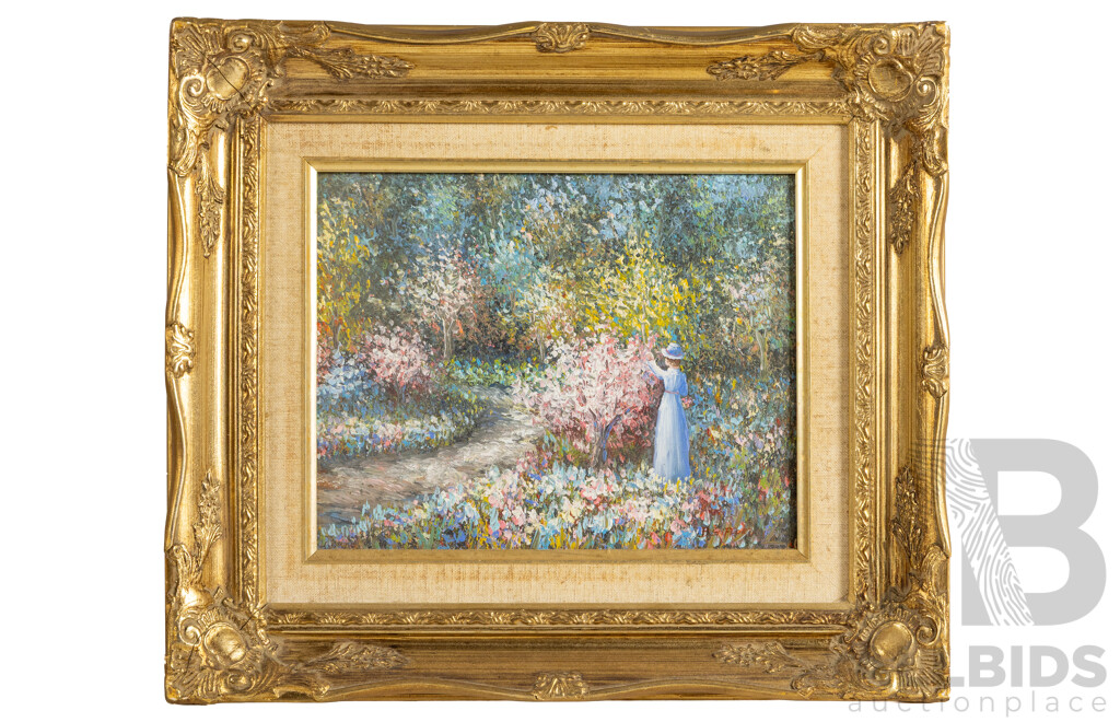 (Possibly) B. Gifford (20th Century), Landscape - Girl Picking Blossoms, Original Vintage Oil on Canvas, 33H x 38W cm (frame)