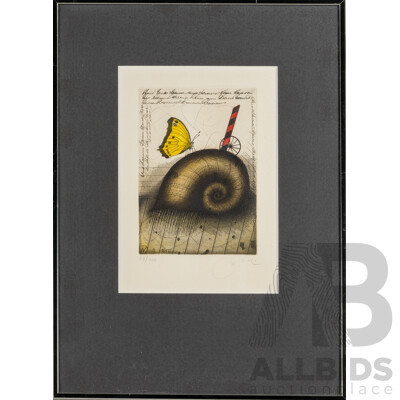 Udo Nolte (20th Century, German, 1950-), Still Life - Butterfly & Snail, Signed & Editioned Hand Coloured Etching, 50H x 36W cm (frame)