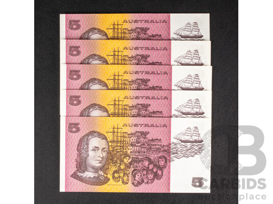 Five Australian 1990 UNC Five Dollar Notes, R212 Fraser/Higgins, Consecutive QFX 67902 - QFX 67906