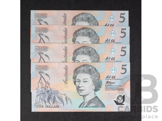 Four Australian 1992 UNC Five Dollar Notes, R214 Fraser/Cole, Consecutive AA78711769 - AA78711772 - First Year Polymer