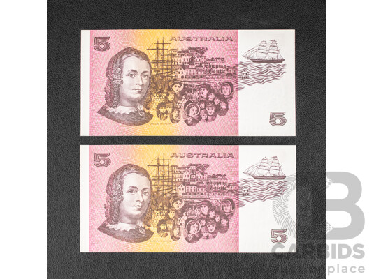 Two Australian 1991 UNC Five Dollar Notes, R213 Fraser/Cole Consecutive QKG 204655 - QKG 204656