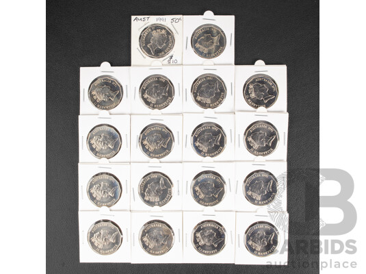Eighteen Australian 1991 Fifty Cent Coins, Twenty Fifth Anniversary of Decimal Currency, High Grade