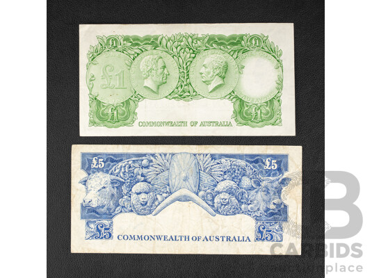 Australian 1954 Five Pound Note, R49 Coombs/Wilson and 1961 One Pound R34b Coombs/Wilson