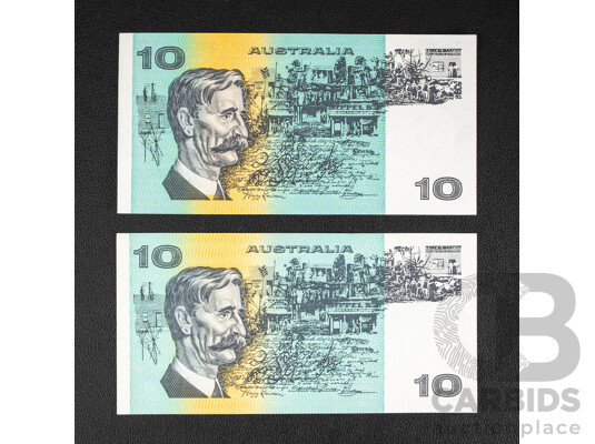 Two Australian A/UNC Ten Dollar Notes, 1985 R309 Johnston/Fraser and 1991 R313a Fraser/Cole