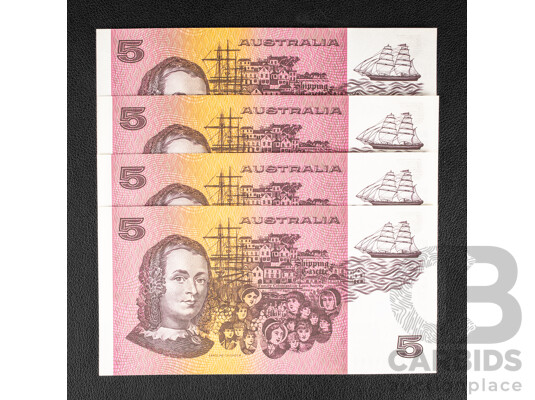 Four Australian 1991 UNC Five Dollar Notes, R213 Fraser/Cole, Consecutive QKG 204683 - QKG204686
