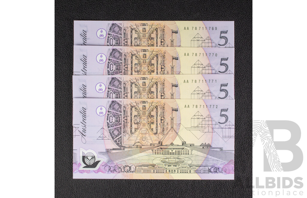 Four Australian 1992 UNC Five Dollar Notes, R214 Fraser/Cole, Consecutive AA78711769 - AA78711772 - First Year Polymer