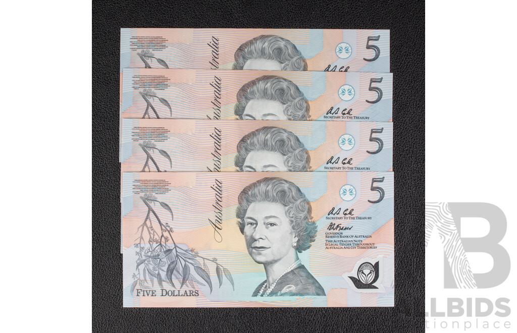 Four Australian 1992 UNC Five Dollar Notes, R214 Fraser/Cole, Consecutive AA78711769 - AA78711772 - First Year Polymer