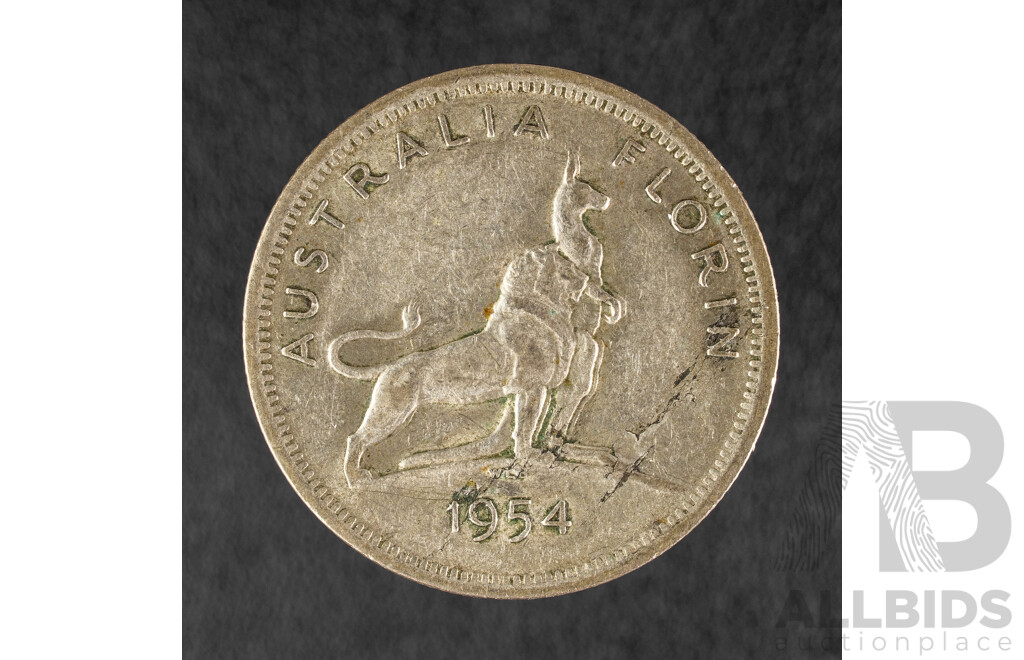 Australian 1954 Silver Florin, Royal Visit, Laminating Fault .500