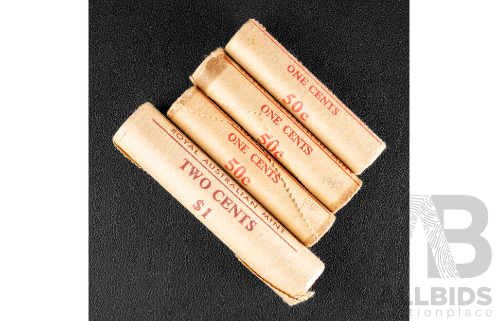 Four Australian RAM UNC Coin Rolls Including 1982 Two Cents, Two 1980, 1988 One Cent