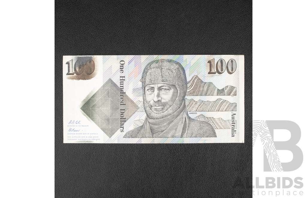 Australian 1992 One Hundred Dollar Error Note, R613 Fraser/Cole, Ink Smudge/Run to Signature Side, ZKV 140450