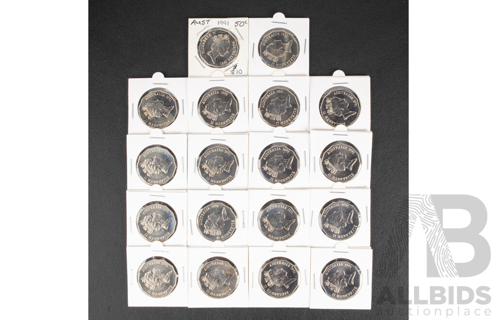 Eighteen Australian 1991 Fifty Cent Coins, Twenty Fifth Anniversary of Decimal Currency, High Grade