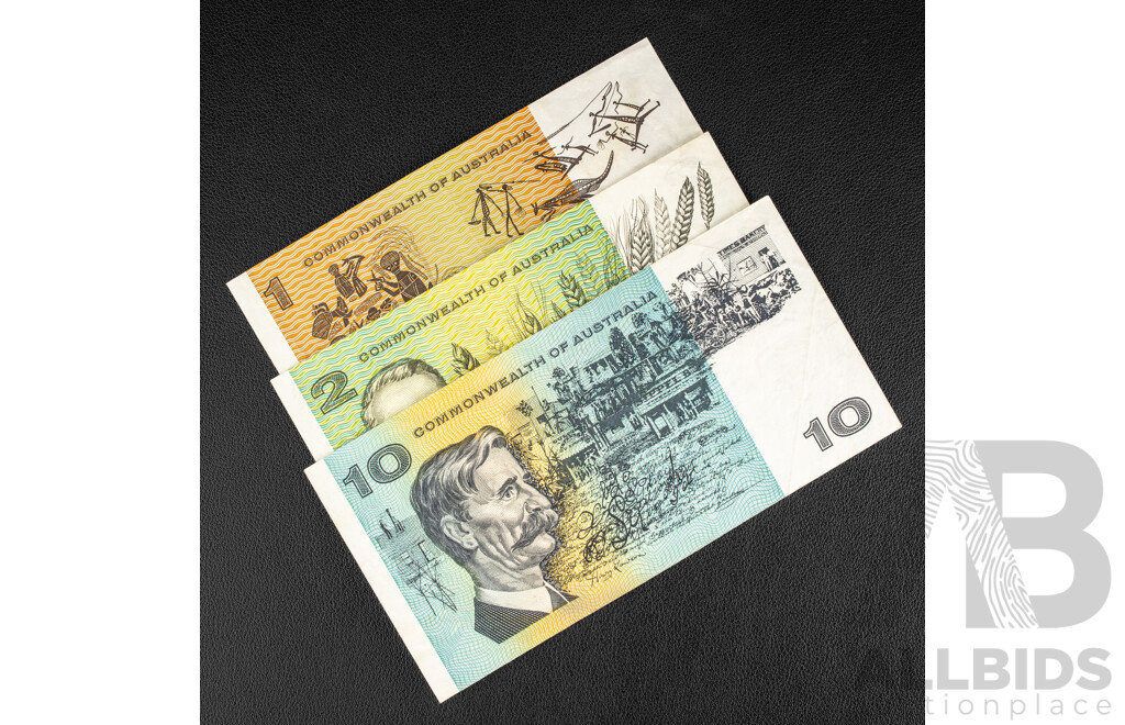 Three Australian 1966 Coombs/Wilson Banknotes Including Ten Dollars R310, Two Dollars Two Dollars R81, One Dollar R71