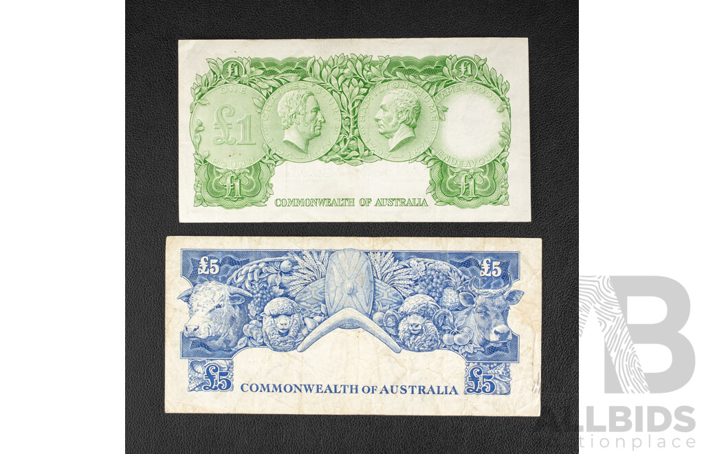 Australian 1954 Five Pound Note, R49 Coombs/Wilson and 1961 One Pound R34b Coombs/Wilson