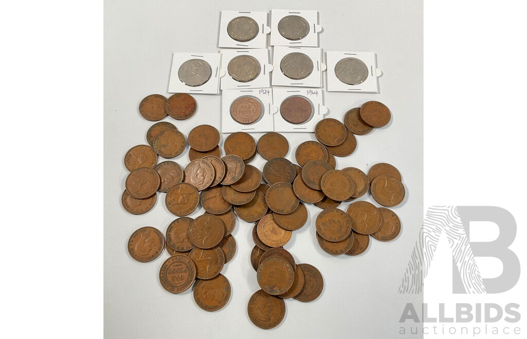 Collection of Australian Coins Including Pennies, Examples Spanning 1924 to 1964 and Commemorative Fifty Cent Coins, Three 1981 Charles and Diana, 1995 Weary Dunlop, Two Bass/Flinders