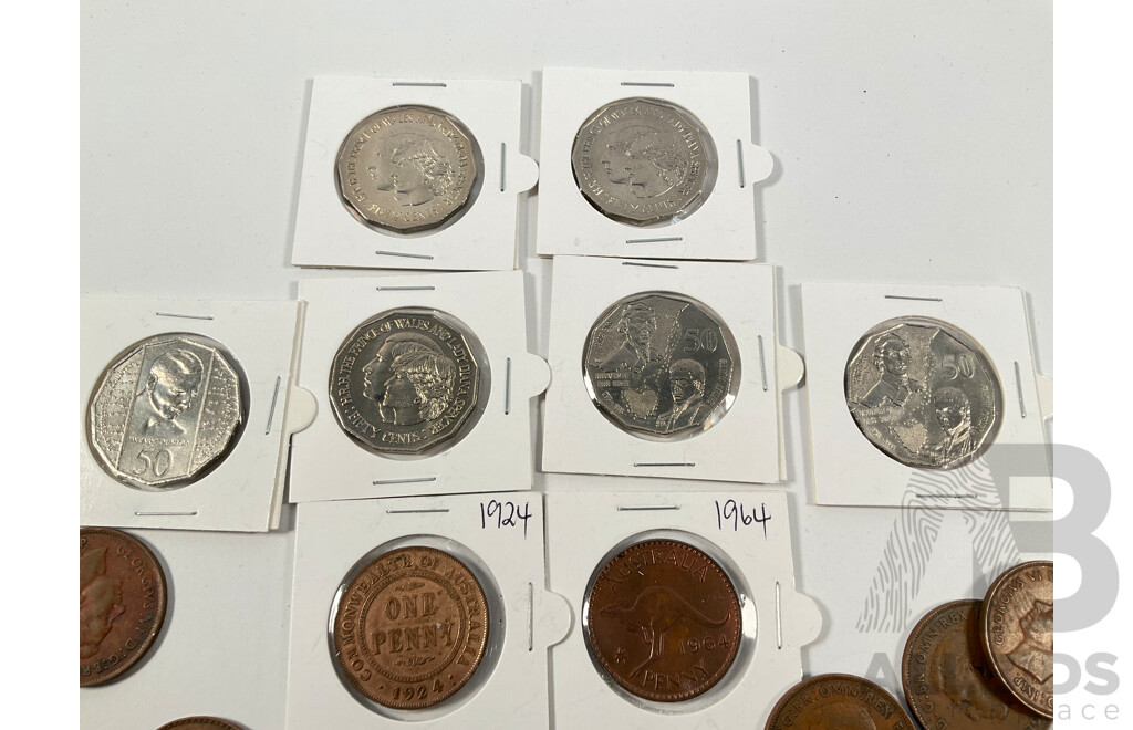 Collection of Australian Coins Including Pennies, Examples Spanning 1924 to 1964 and Commemorative Fifty Cent Coins, Three 1981 Charles and Diana, 1995 Weary Dunlop, Two Bass/Flinders