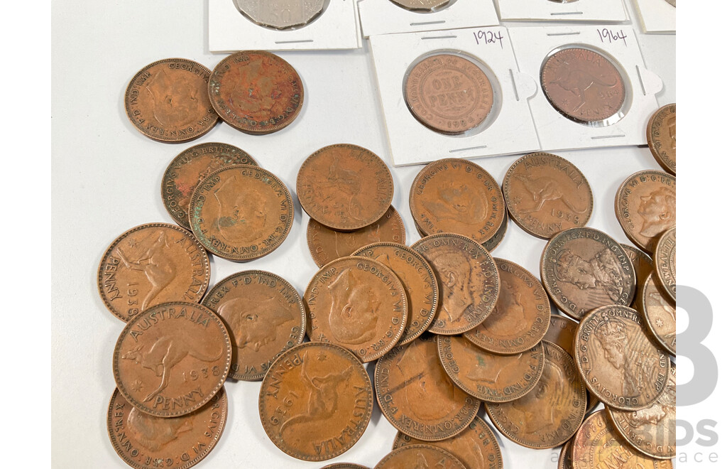 Collection of Australian Coins Including Pennies, Examples Spanning 1924 to 1964 and Commemorative Fifty Cent Coins, Three 1981 Charles and Diana, 1995 Weary Dunlop, Two Bass/Flinders