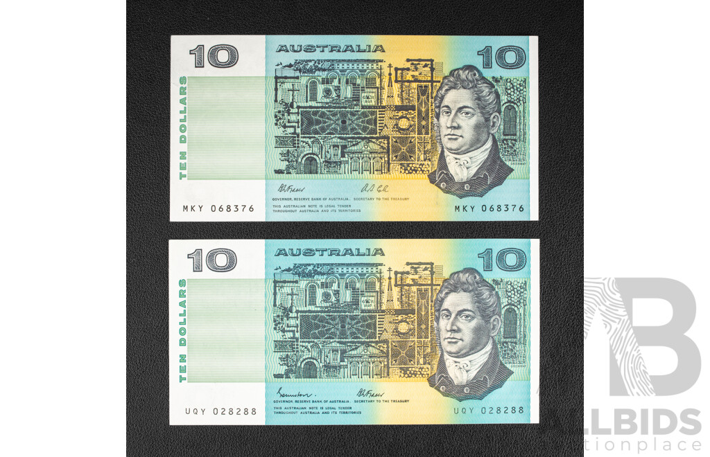 Two Australian A/UNC Ten Dollar Notes, 1985 R309 Johnston/Fraser and 1991 R313a Fraser/Cole