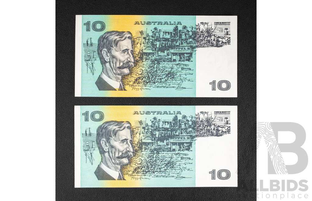 Two Australian A/UNC Ten Dollar Notes, 1985 R309 Johnston/Fraser and 1991 R313a Fraser/Cole