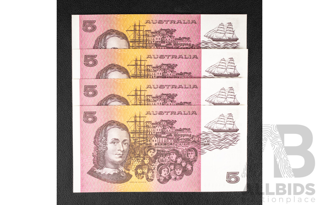 Four Australian 1991 UNC Five Dollar Notes, R213 Fraser/Cole, Consecutive QKG 204683 - QKG204686